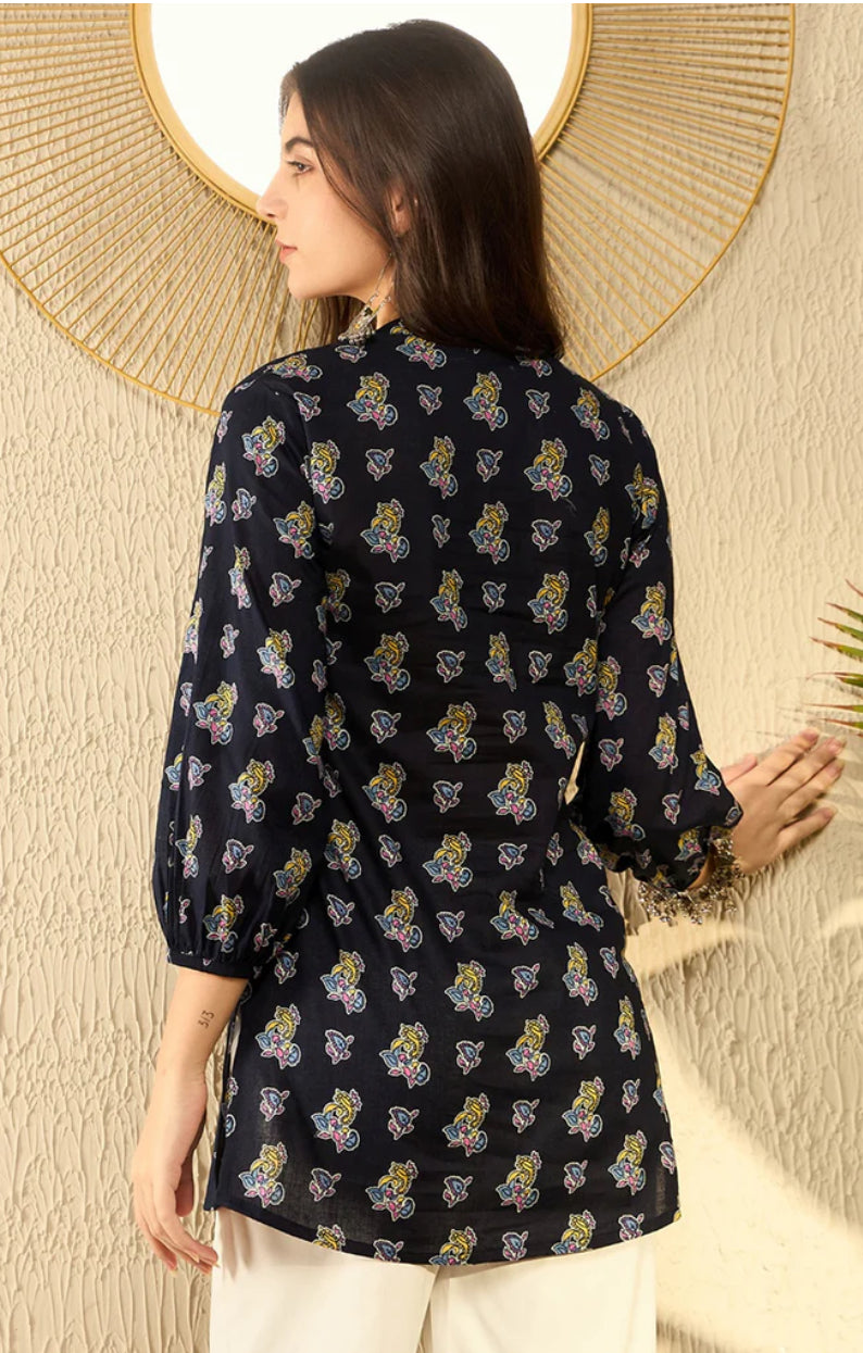 Navy Blue Cotton Blend Tunic Top