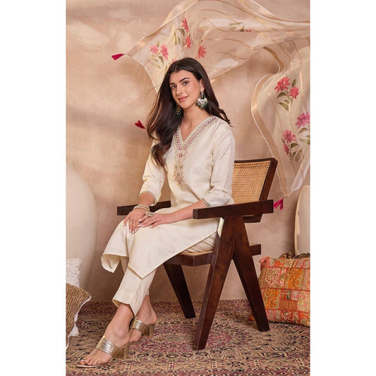 Off White Embroidered Silk Blend Kurta Set with Trousers & Dupatta