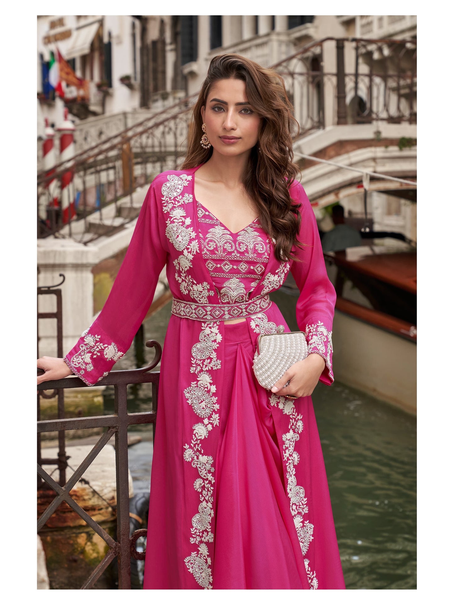 Premium Indo-Western Chinon Silk Palazzo Set with Embroidered Blouse & Shrug Dupatta