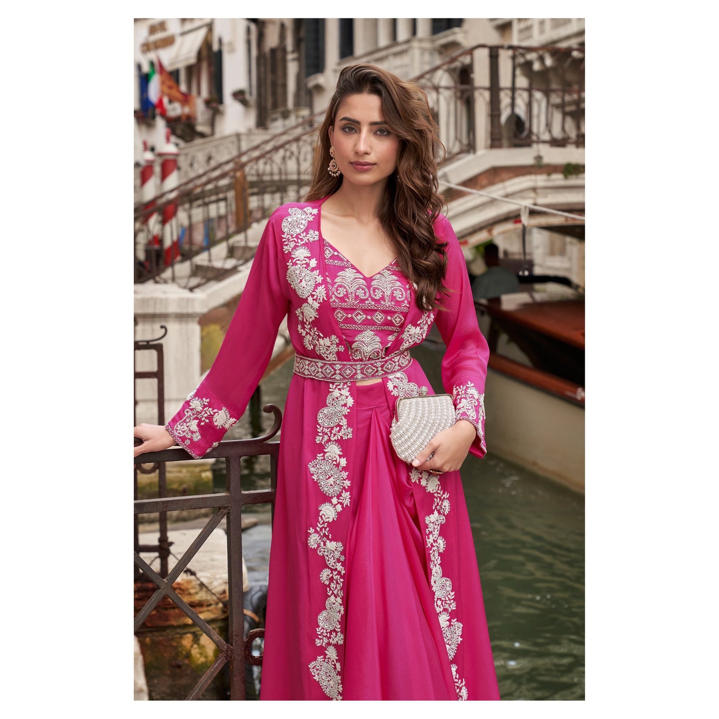 Premium Indo-Western Chinon Silk Palazzo Set with Embroidered Blouse & Shrug Dupatta