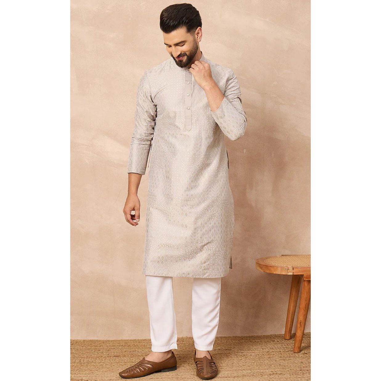 Grey Silk Geometric Printed Straight Kurta