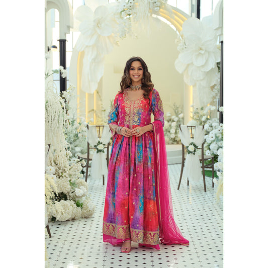 Rang – Multicolor Embroidered Chinon Anarkali Palazzo Set