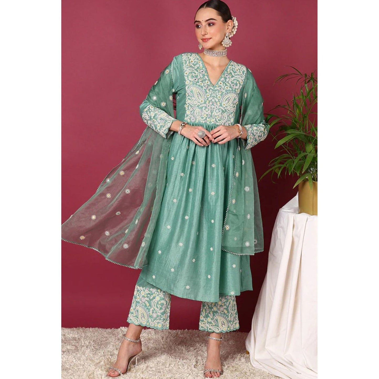 Sea Green Silk Blend Anarkali Suit Set for Diwali/Festive Wear