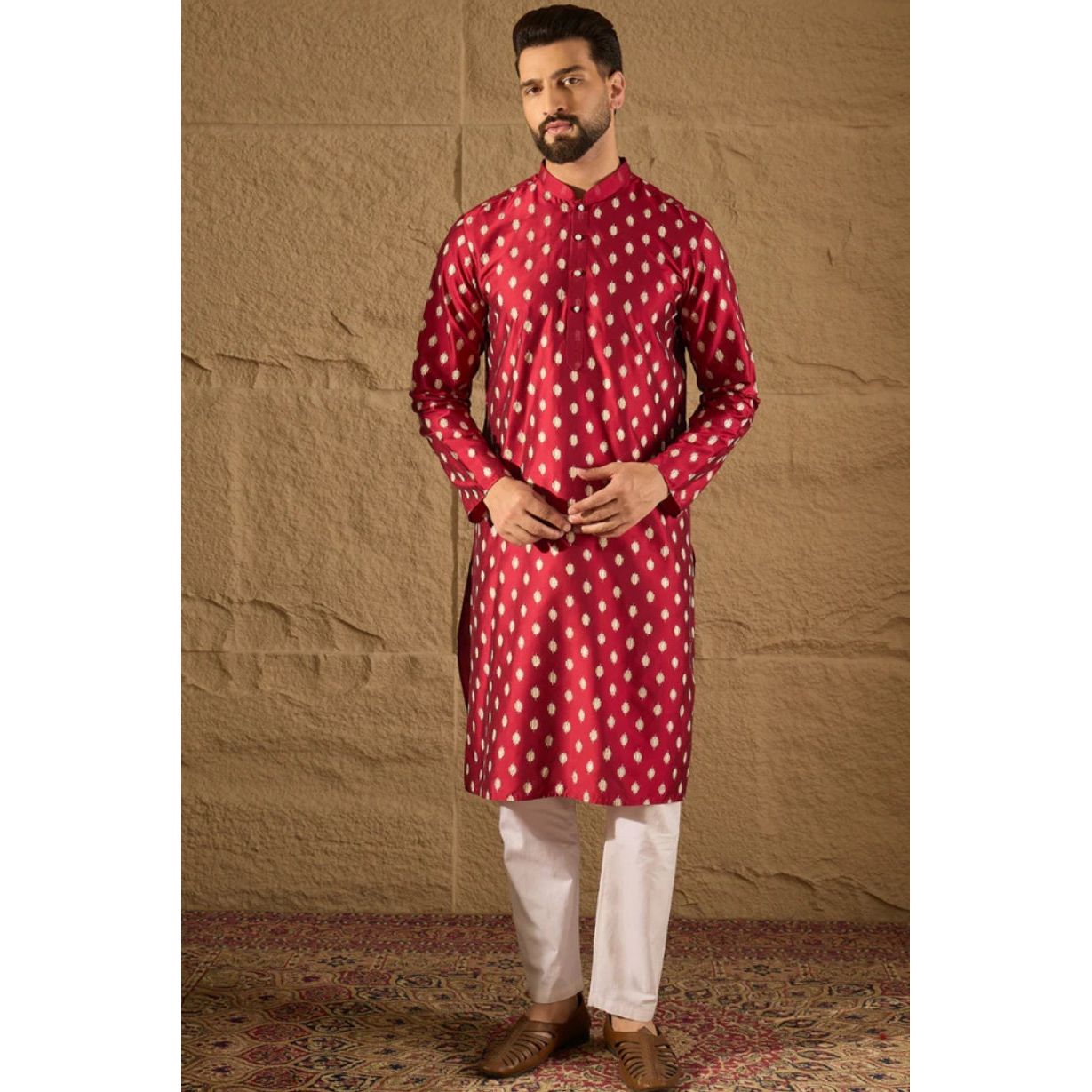 Maroon Silk Ikat Printed Straight Kurta