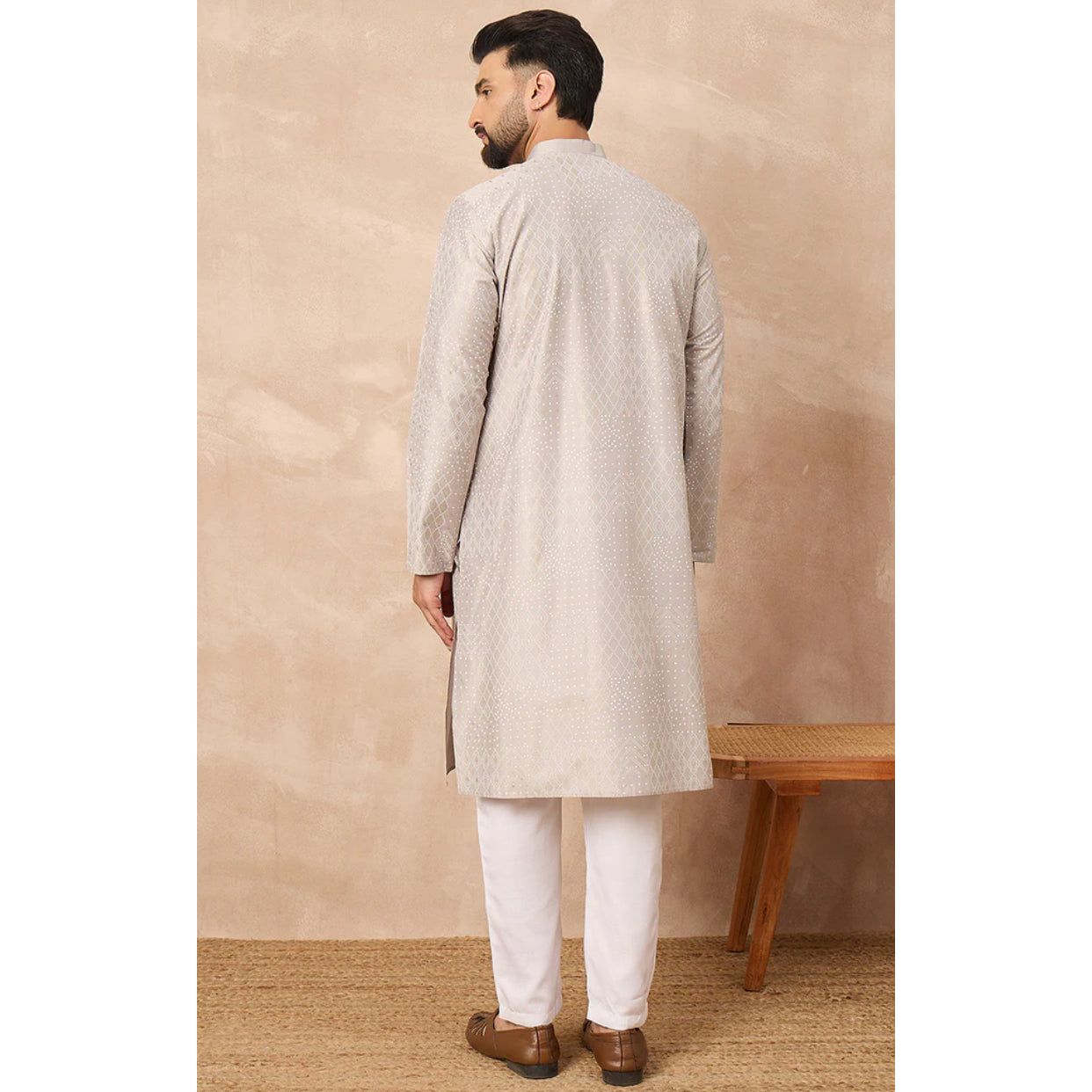 Grey Silk Geometric Printed Straight Kurta