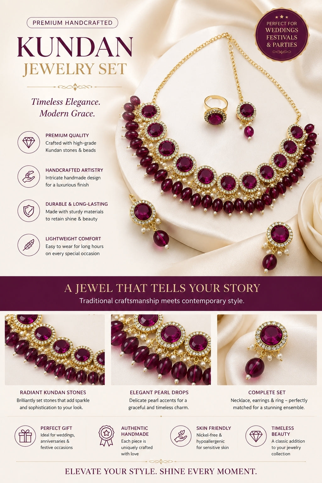 Handcrafted Maroon Kundan Jewelry Set – Premium Indian Wedding & Festive Jewelry