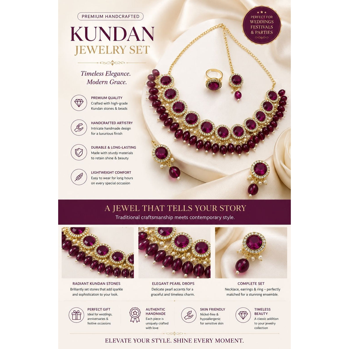 Handcrafted Maroon Kundan Jewelry Set – Premium Indian Wedding & Festive Jewelry