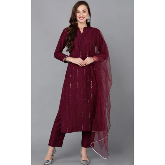 Burgundy Silk Blend Embroidered Kurta Pant With Dupatta