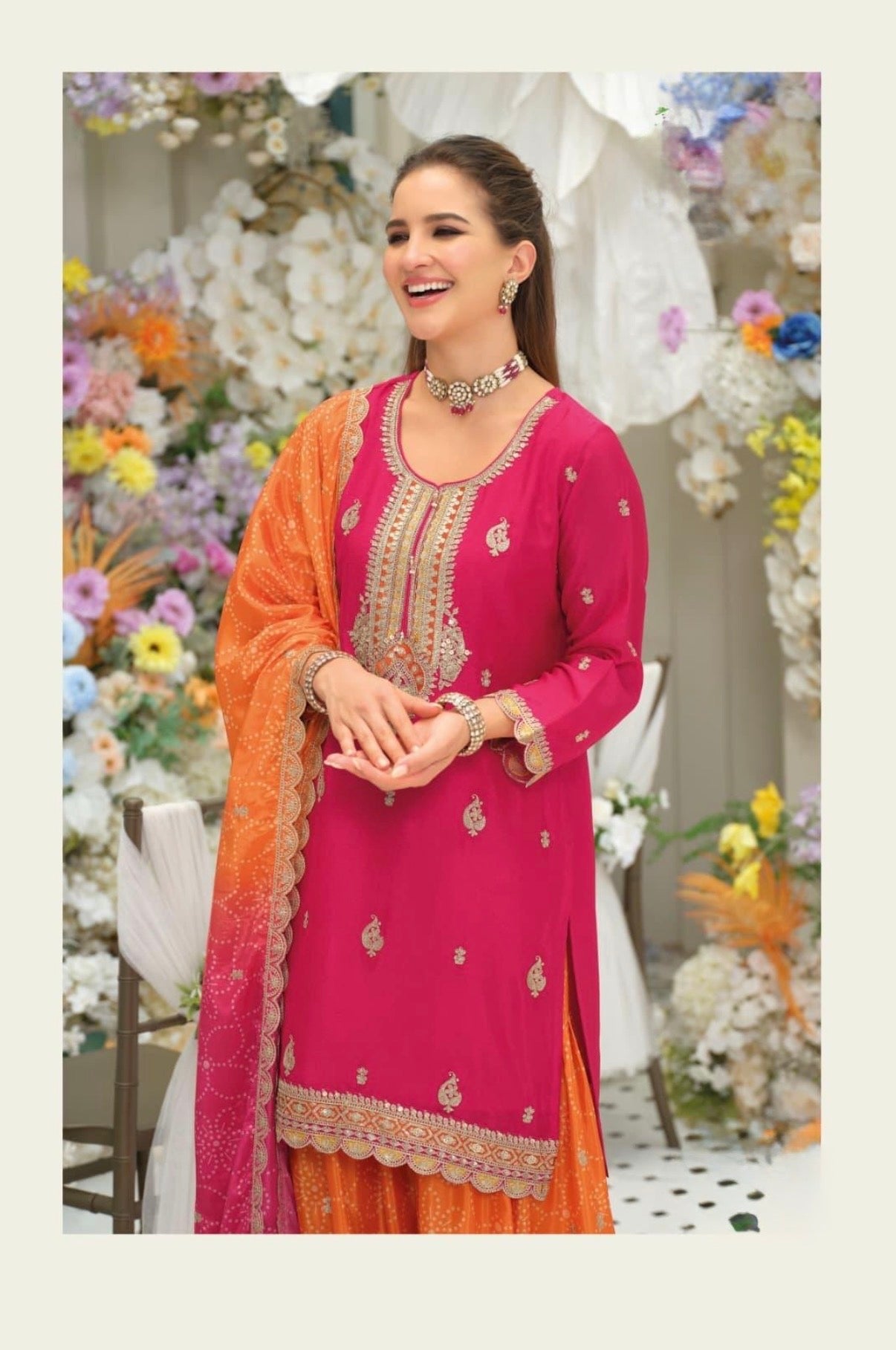 Pre-Order: Designer Chinon Kurta Set with Digital Print Palazzo & Embroidered Dupatta