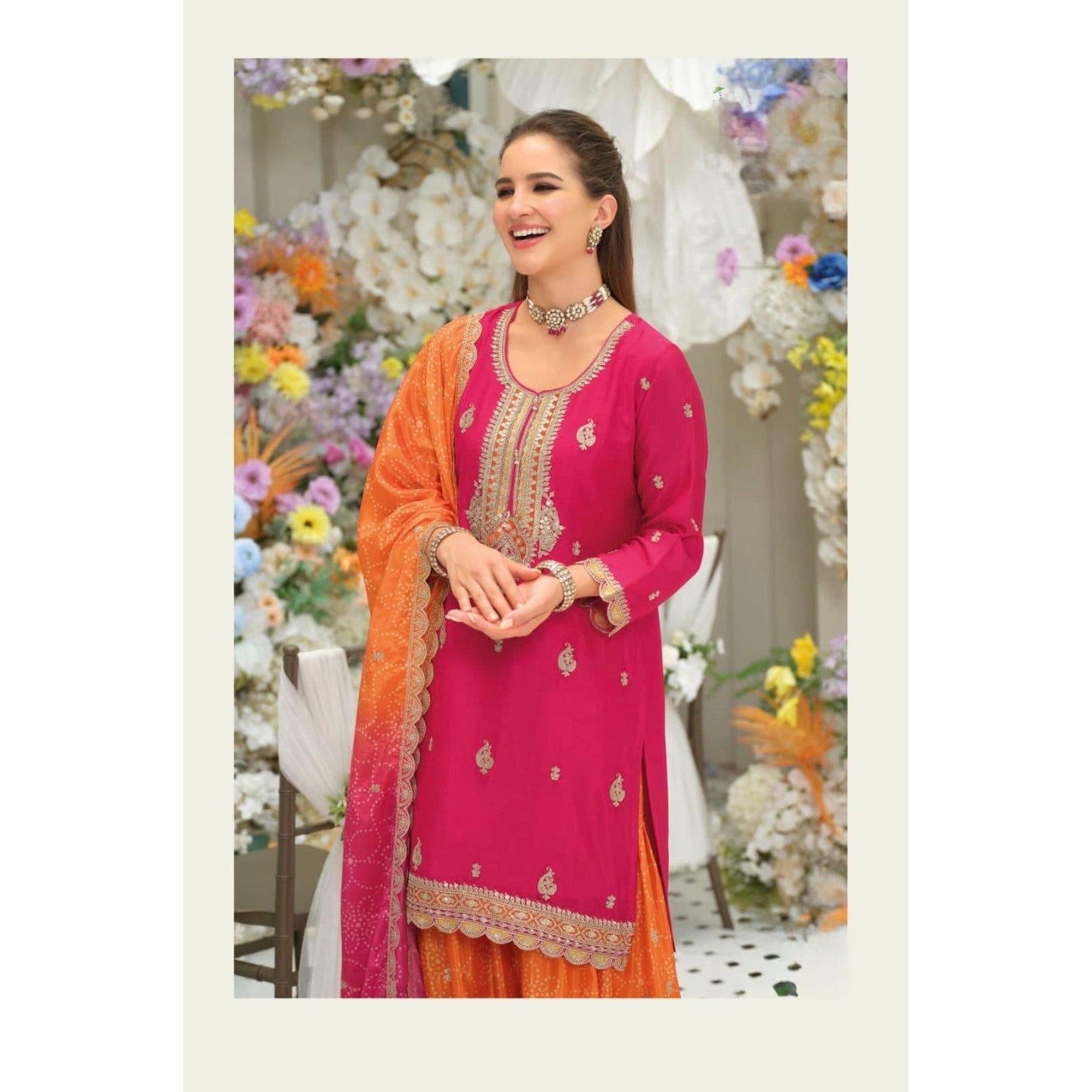 Pre-Order: Designer Chinon Kurta Set with Digital Print Palazzo & Embroidered Dupatta
