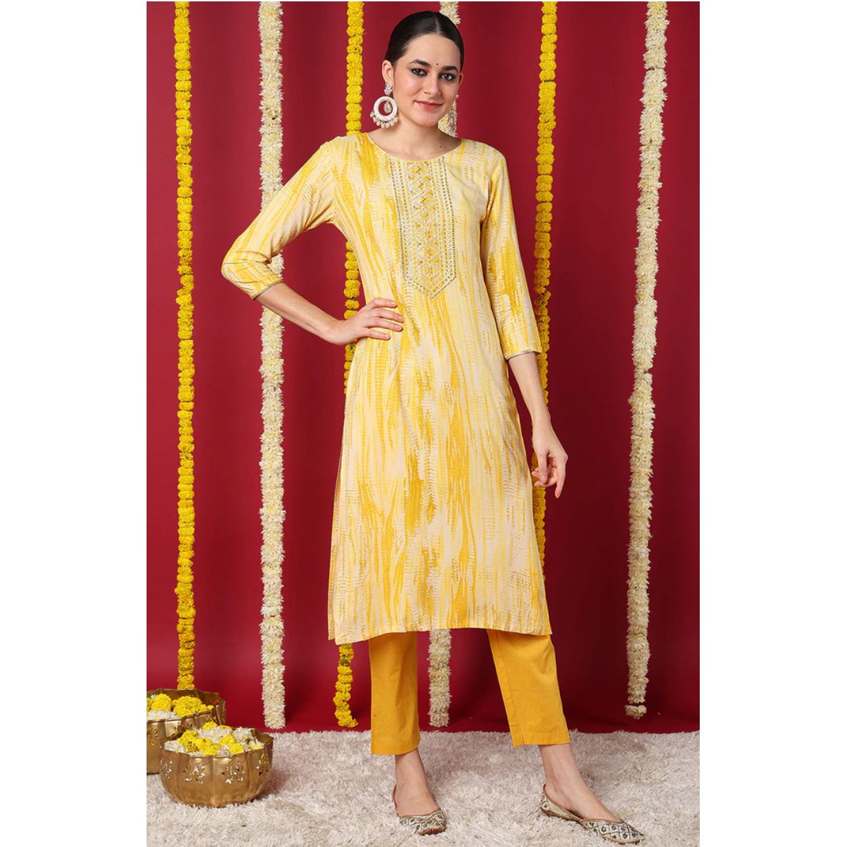 Yellow Viscose Rayon Abstract Printed Straight Kurta