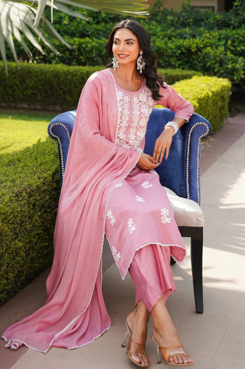 Pink Viscose Solid Embroidered Straight Kurta Palazzo With Dupatta