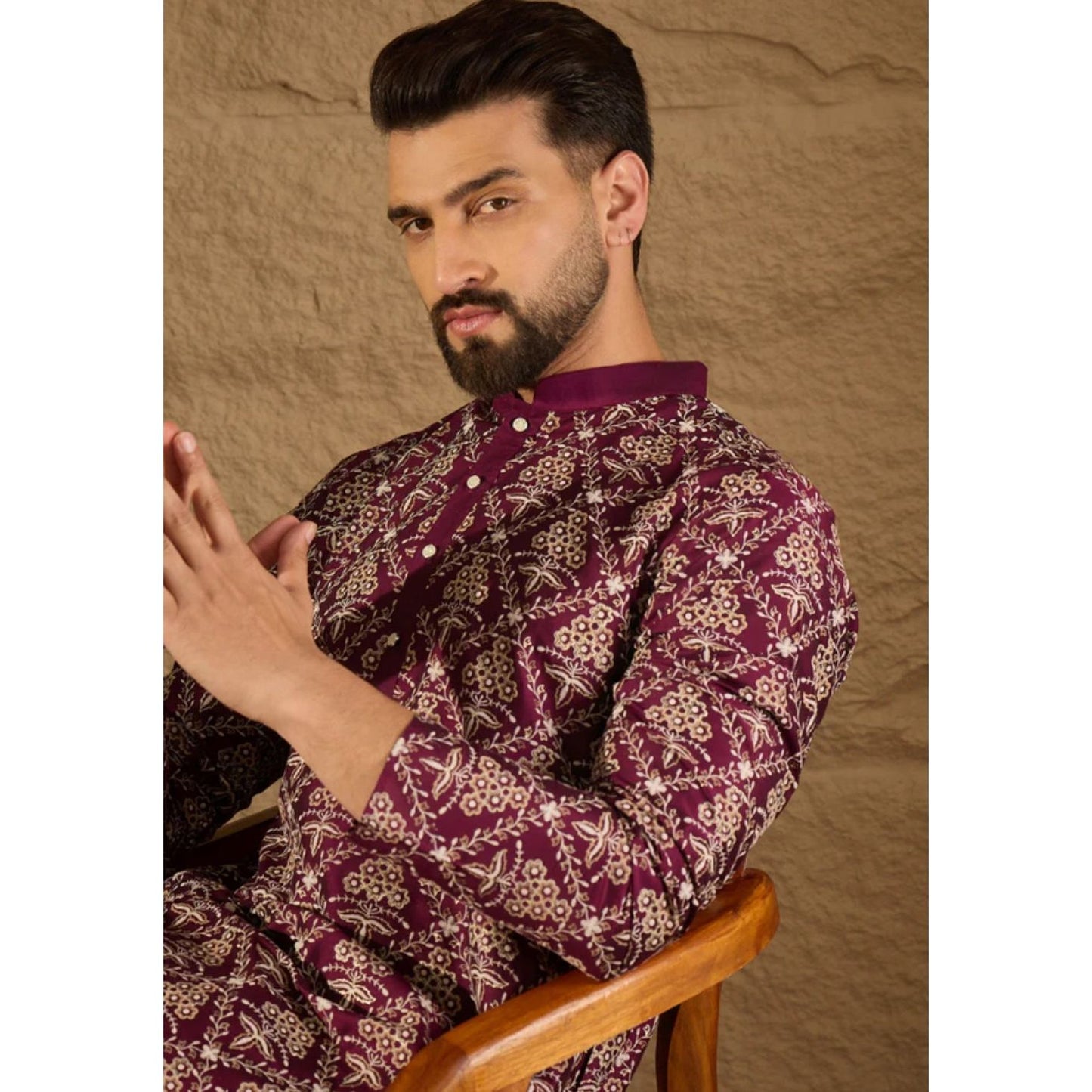 Purple Silk Floral Printed Straight Kurta