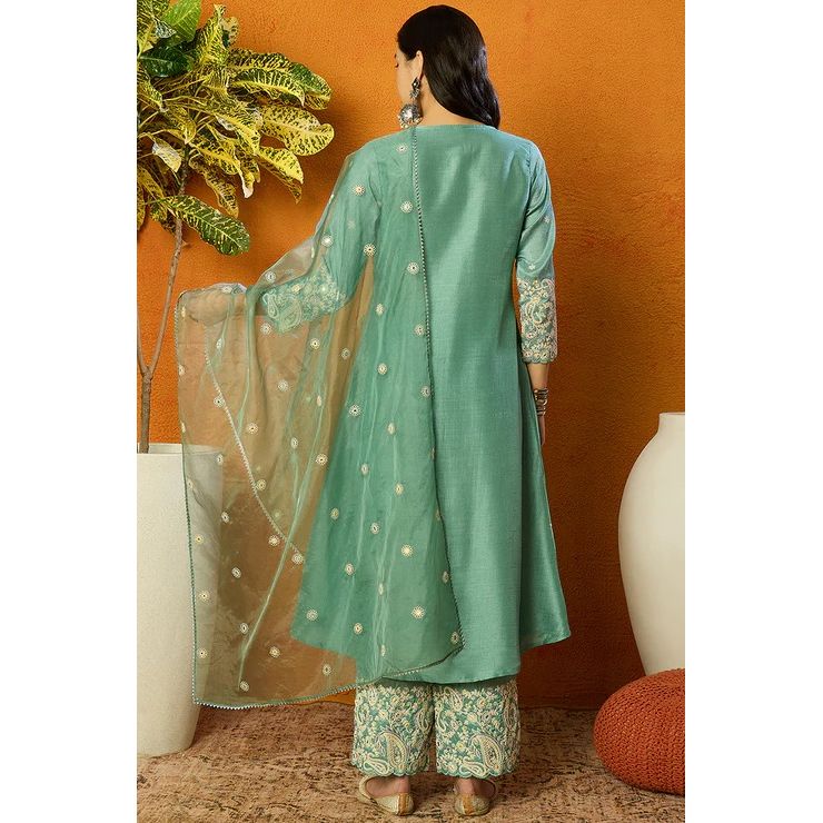 Sea Green Silk Blend Anarkali Suit Set for Diwali/Festive Wear