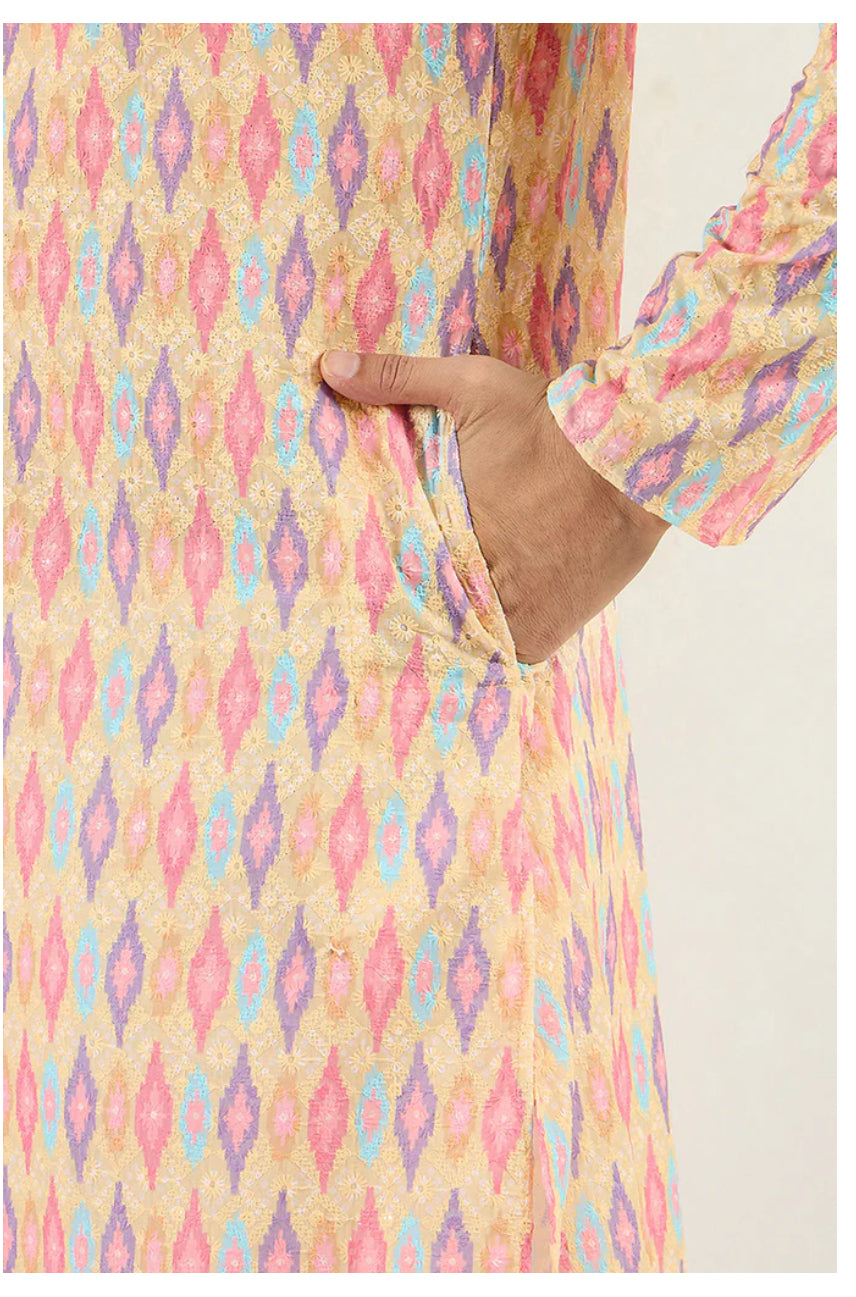 Yellow Abstract Embroidered Chikankari Straight Kurta for Men