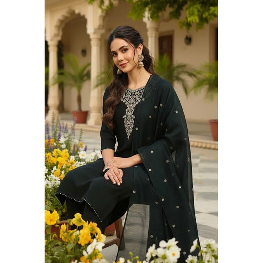 Green Chanderi Silk Solid Embroidered Straight Trousers Suit Set