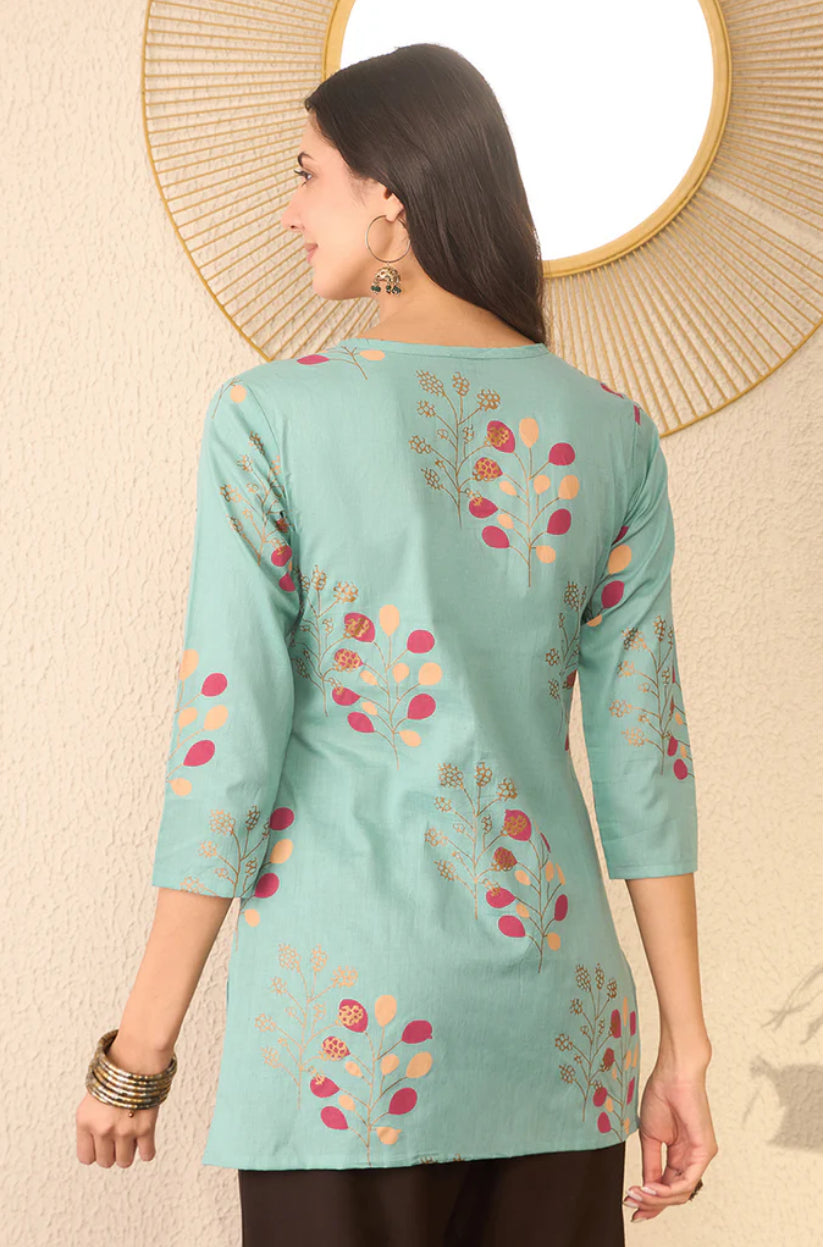 Blue Cotton Blend Floral Printed Top