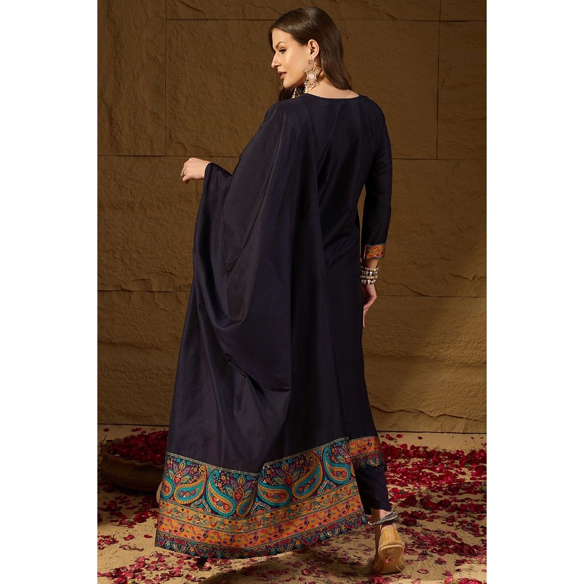 Navy Blue Chanderi Silk Kurta Set