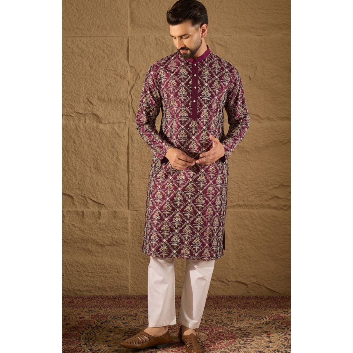 Purple Silk Floral Printed Straight Kurta