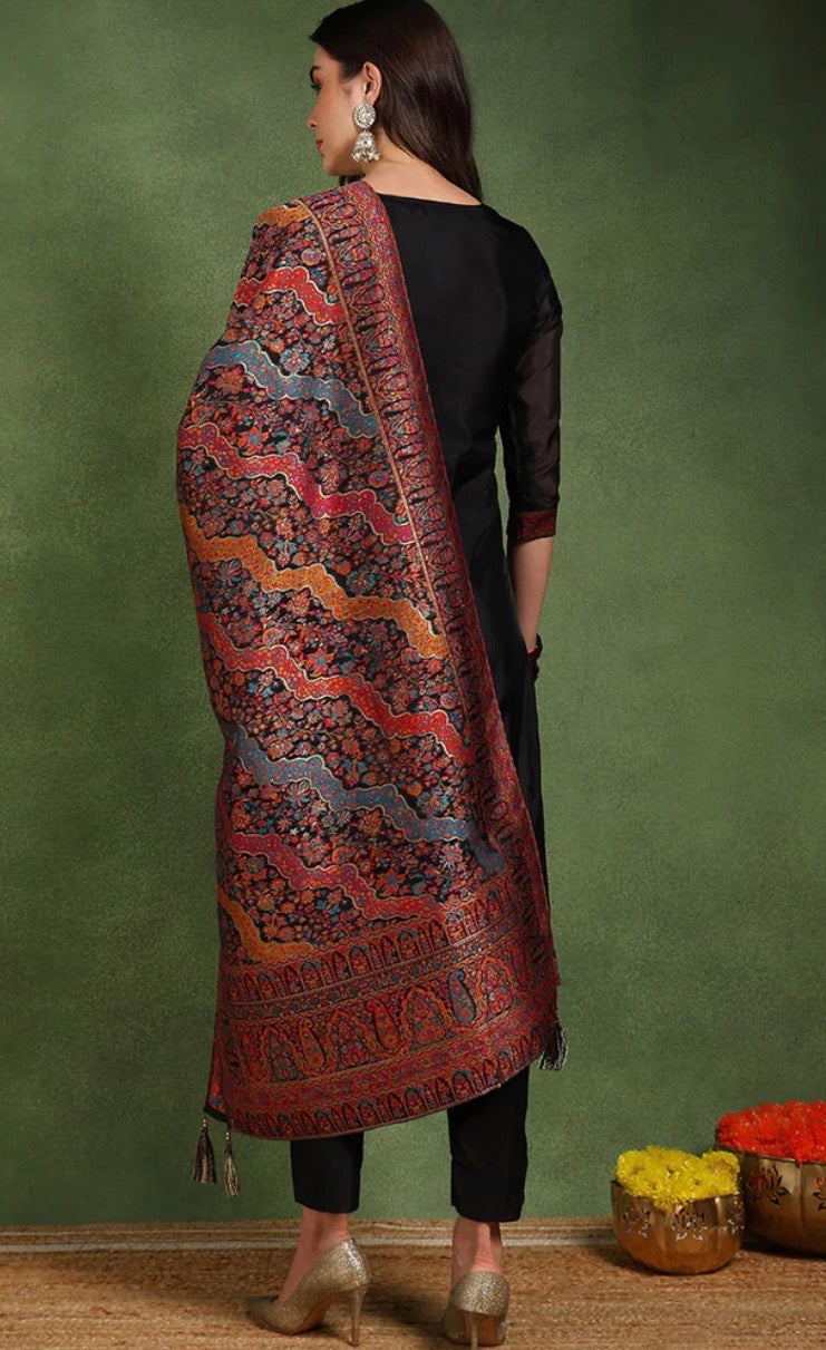 Black Silk Blend Solid Woven Design Straight Trouser Suit Set