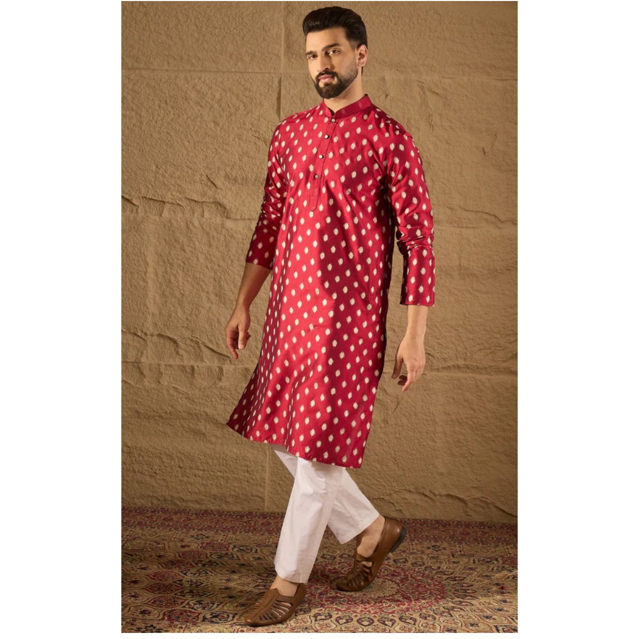 Maroon Silk Ikat Printed Straight Kurta