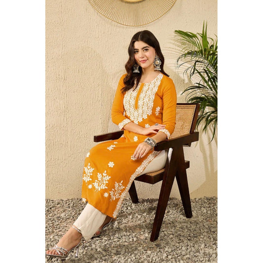 Mustard Yellow Embroidered Chikankari Straight Kurta