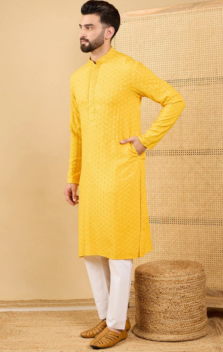 Yellow Embroidered Chikankari Kurta for Men