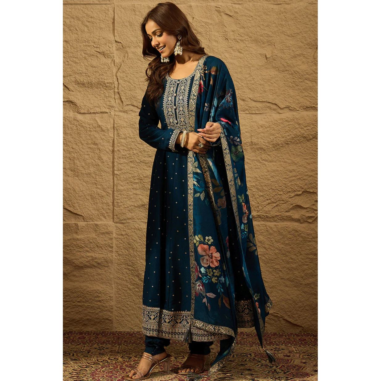 Blue Pure Silk Bandhani Embroidered Anarkali Kurta Set