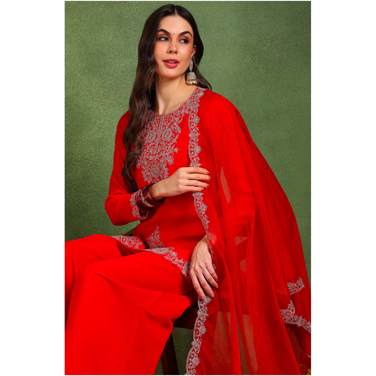 Red Silk Blend Embroidered Kurta Set for Women