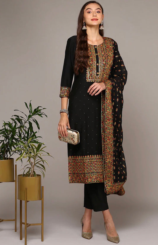 Black Silk Blend Embroidered Kurta Set
