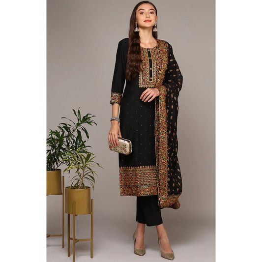 Black Silk Blend Embroidered Kurta Set