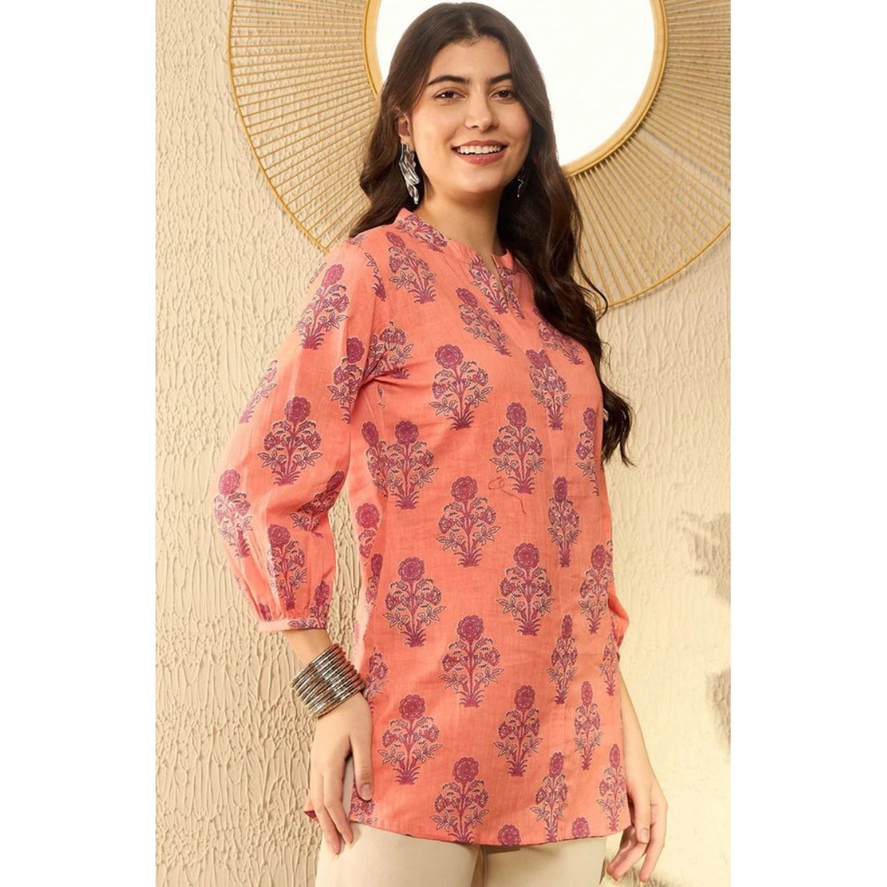 Orange Cotton Blend Floral Printed Regular Tunic