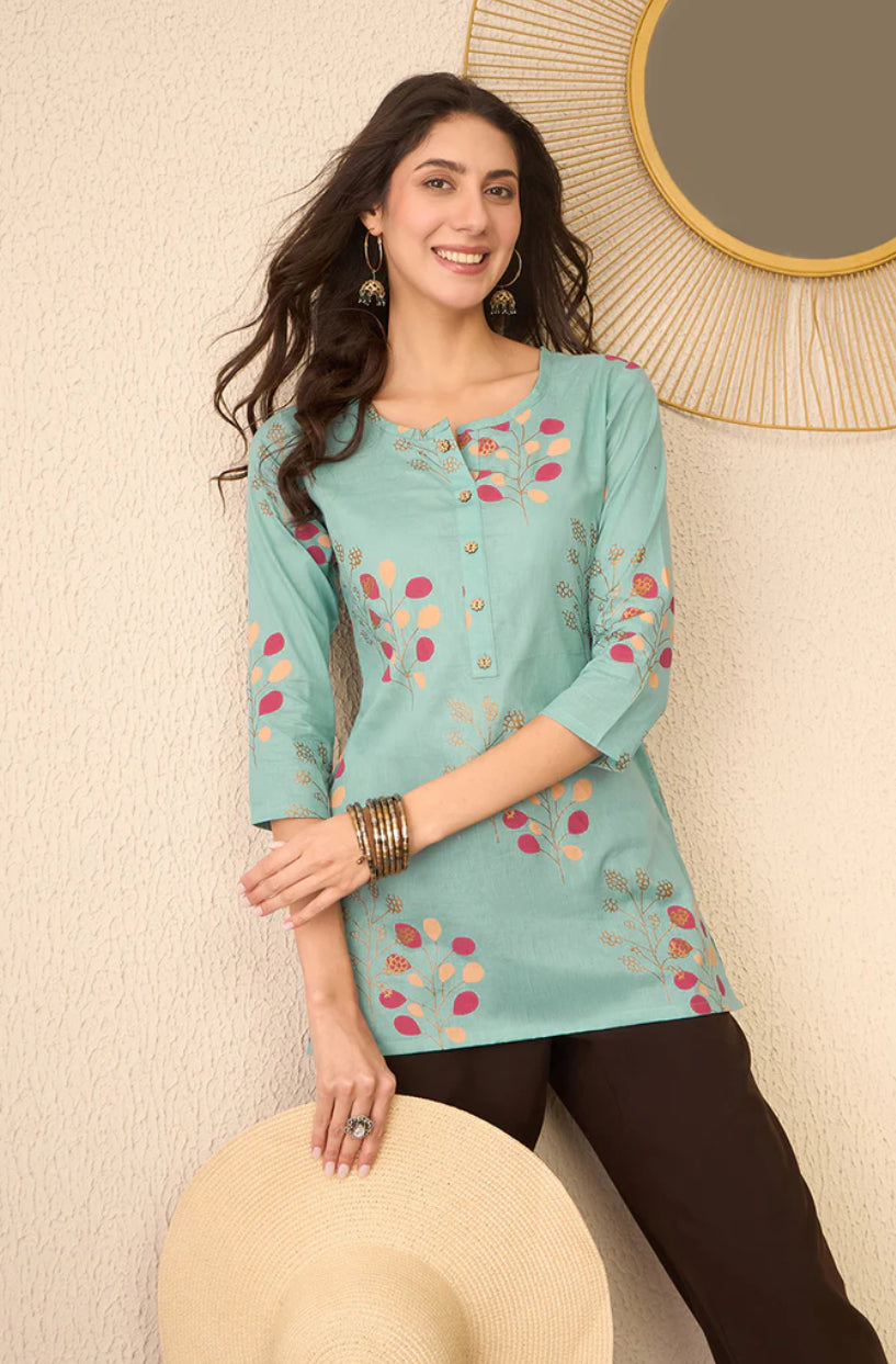 Blue Cotton Blend Floral Printed Top