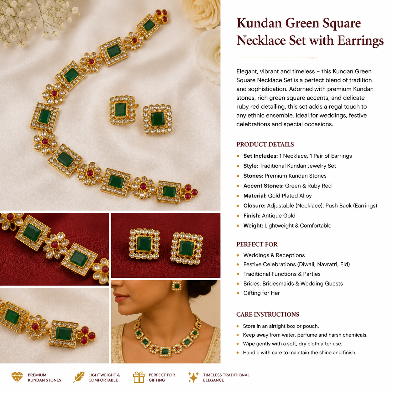 Kundan Green Square
Necklace Set with Earrings