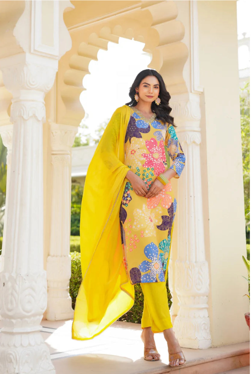 Yellow Floral Printed Rayon Blend Straight Suit Set
