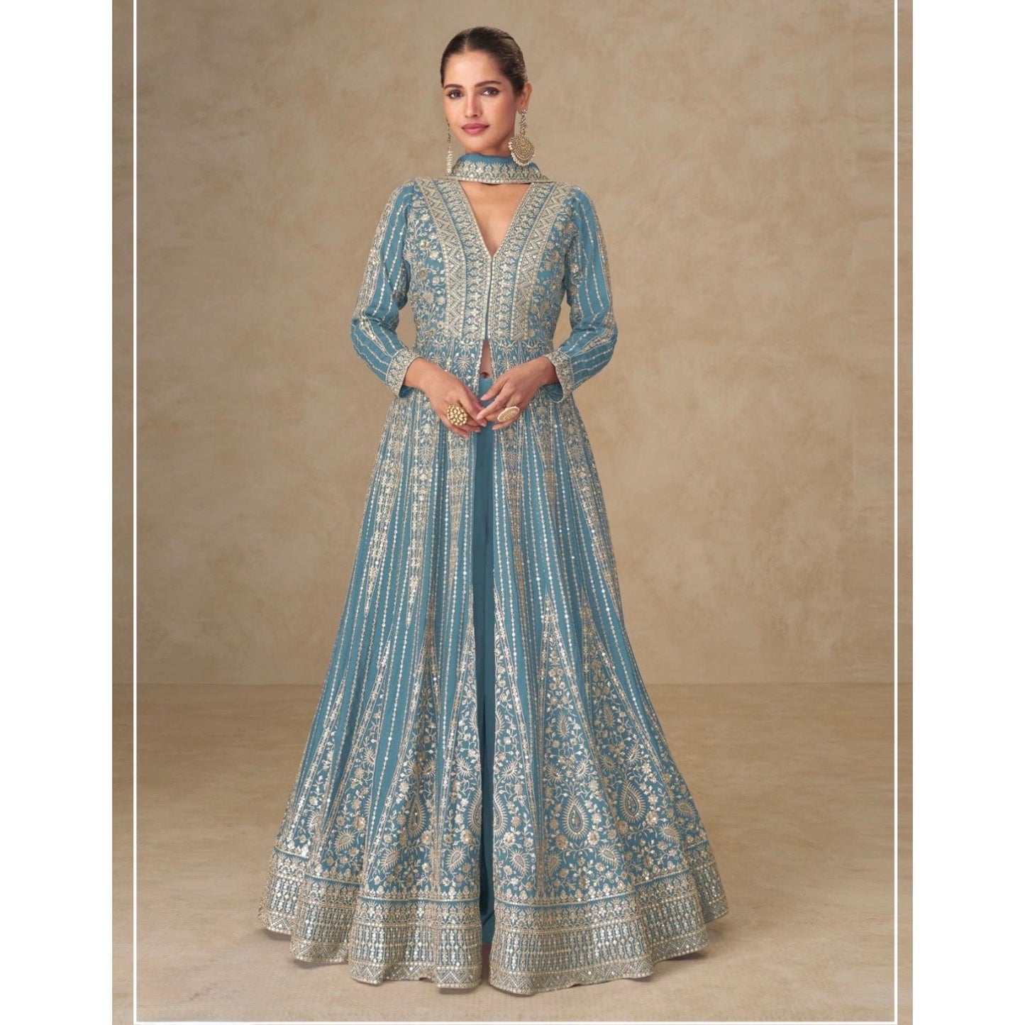 Elegant Chinon Silk Embroidered Anarkali Set with Palazzo & Dupatta