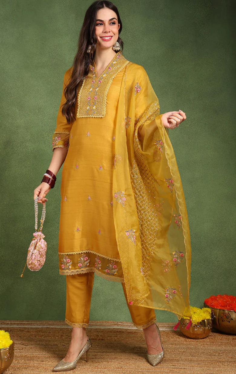 Yellow Silk Blend Floral Embroidered Straight Suit Set