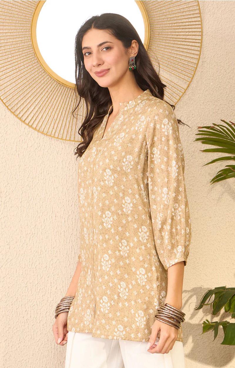 Beige Cotton Blend Floral Printed Regular Top