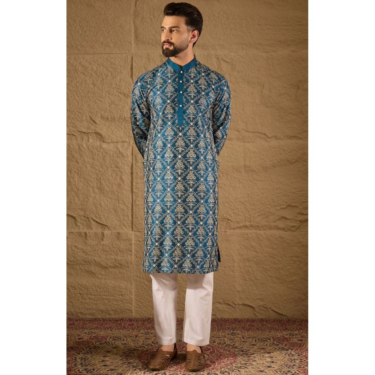 Blue Silk Floral Printed Straight Kurta
