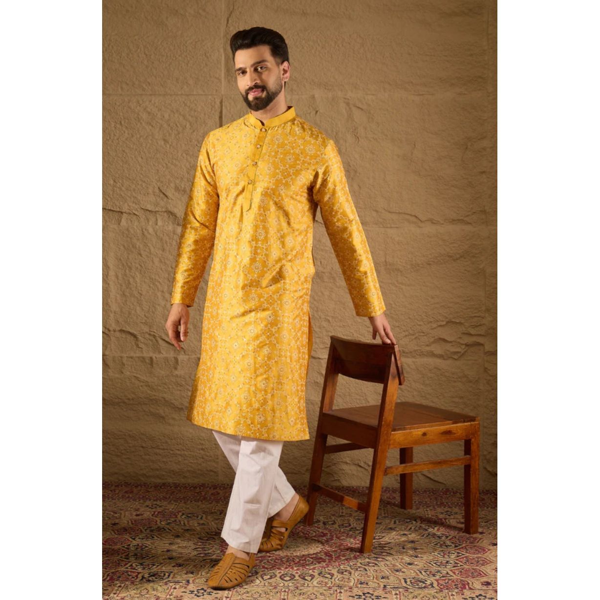 Yellow Silk Floral Printed Straight Kurta