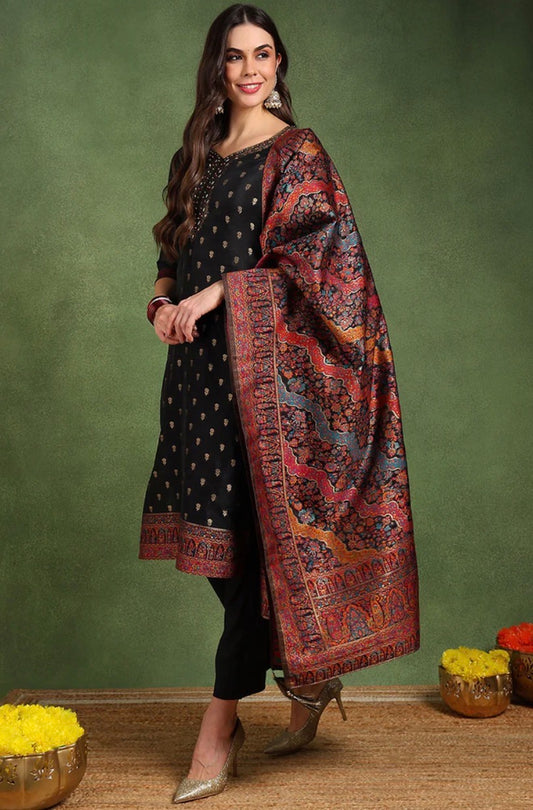 Black Silk Blend Solid Woven Design Kurta Set