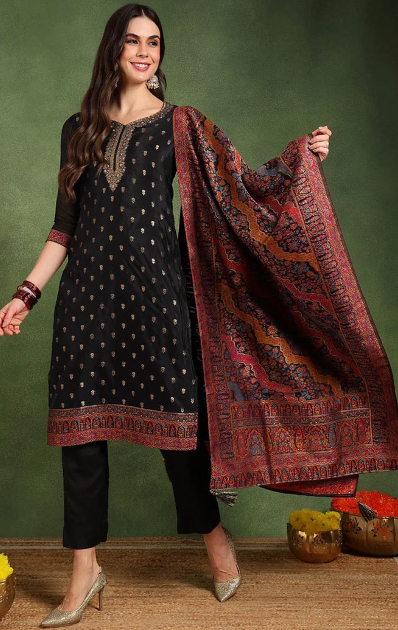 Black Silk Blend Solid Woven Design Straight Trouser Suit Set