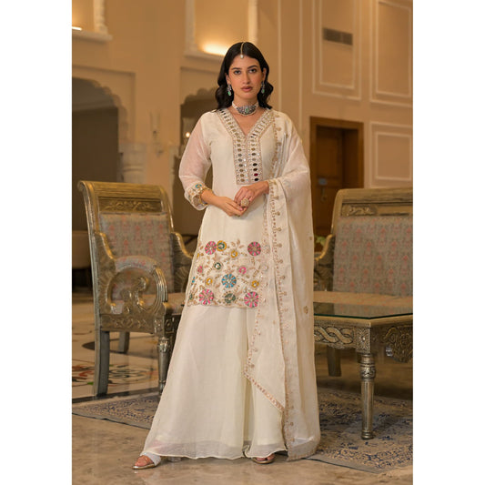 Ivory Crush Satin Mirror Work Palazzo Set