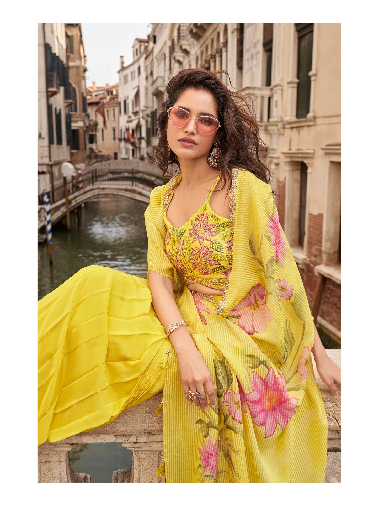 Premium Indo-Western Chinon Silk Palazzo Set with Embroidered Blouse & Shrug Dupatta