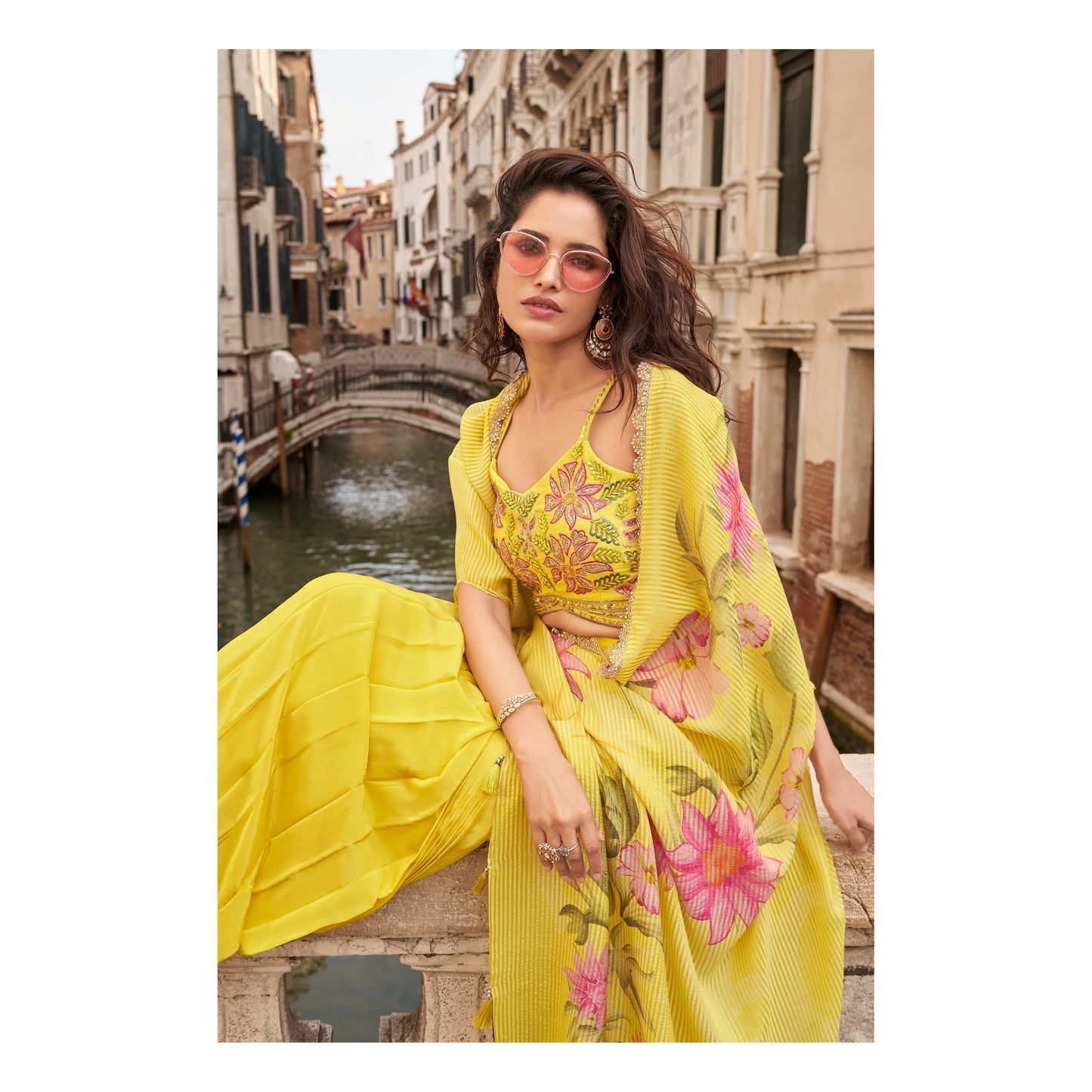 Premium Indo-Western Chinon Silk Palazzo Set with Embroidered Blouse & Shrug Dupatta