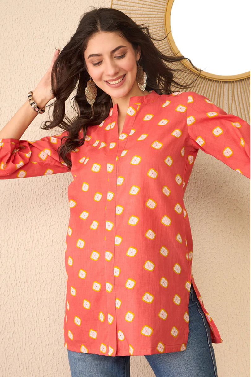 Orange Cotton Blend Shibori Printed Regular Top