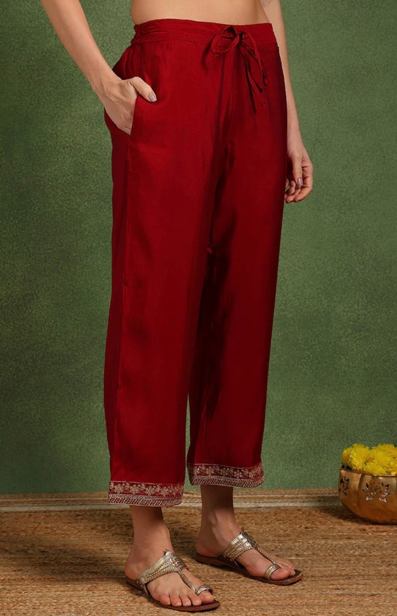 Maroon Silk Blend Embroidered Palazzo Kurta Set