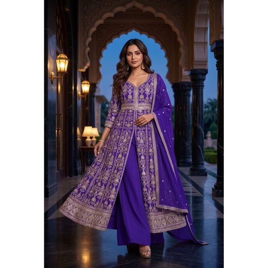 Royal Bloom Embroidered Chinon Front-Slit Palazzo Suit