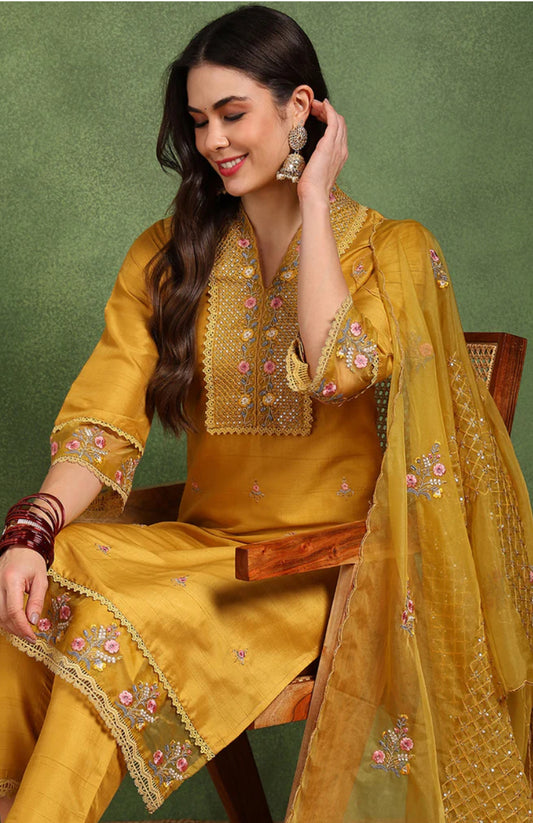 Yellow Silk Blend Floral Embroidered Straight Suit Set