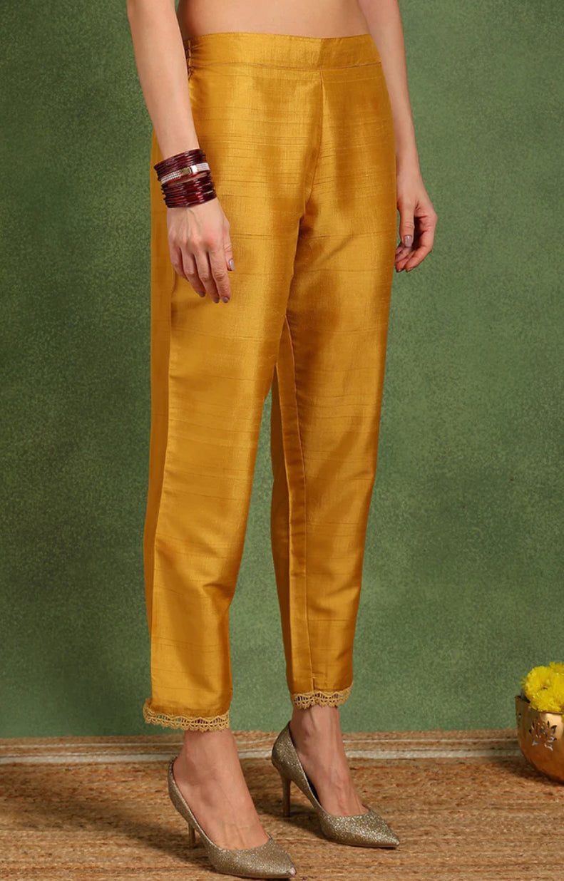 Yellow Silk Blend Floral Embroidered Straight Suit Set